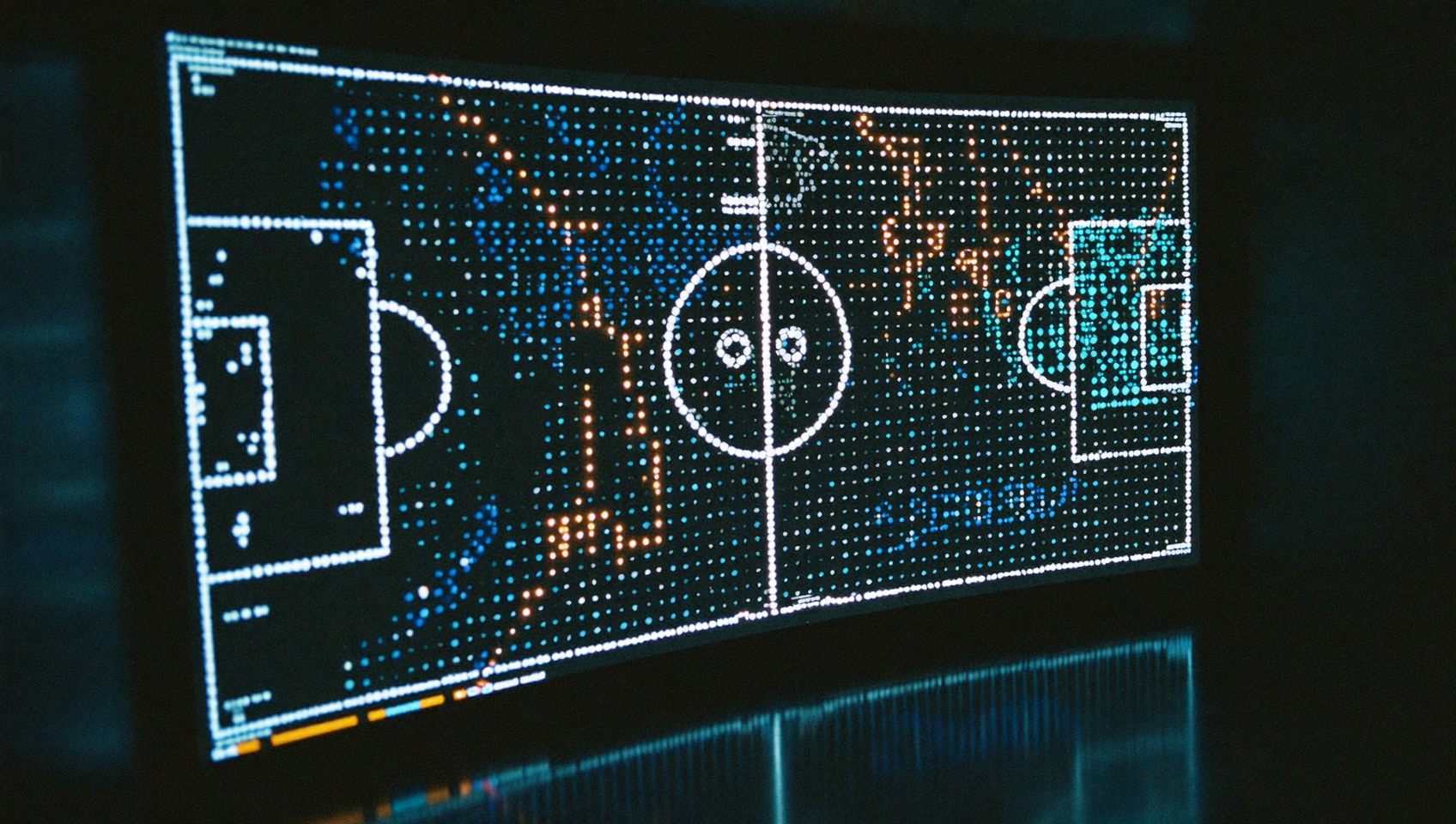 Monitor con visualización de datos de tracking de jugadores sobre una cancha de fútbol