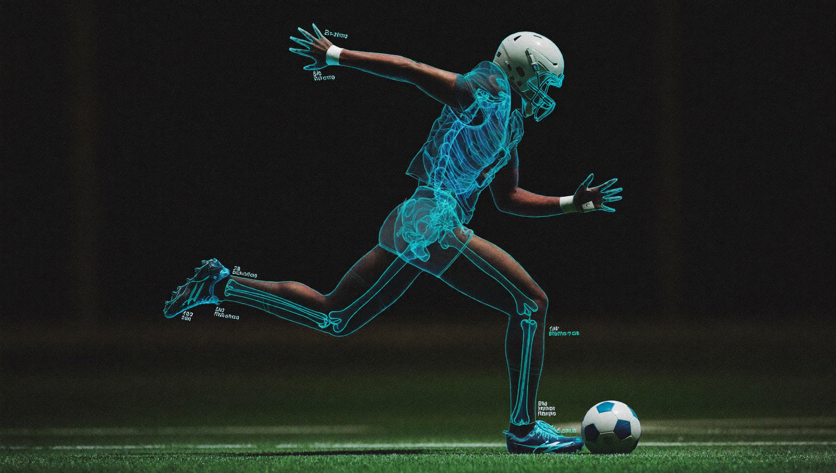 Jugador de fútbol con overlay de inteligencia artificial analizando biomecánica