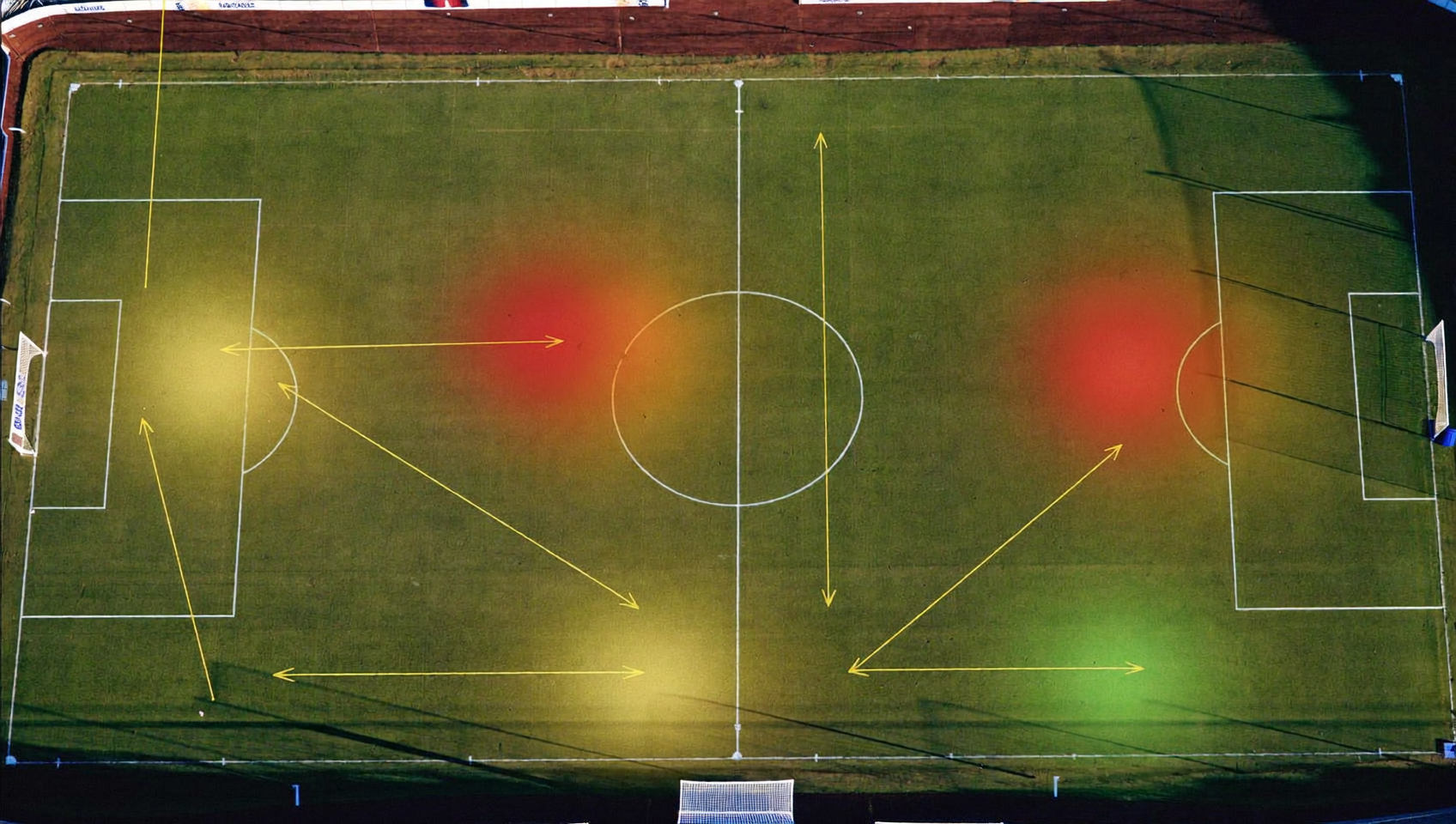 Vista aérea de cancha de fútbol con zonas predictivas y flechas de movimiento