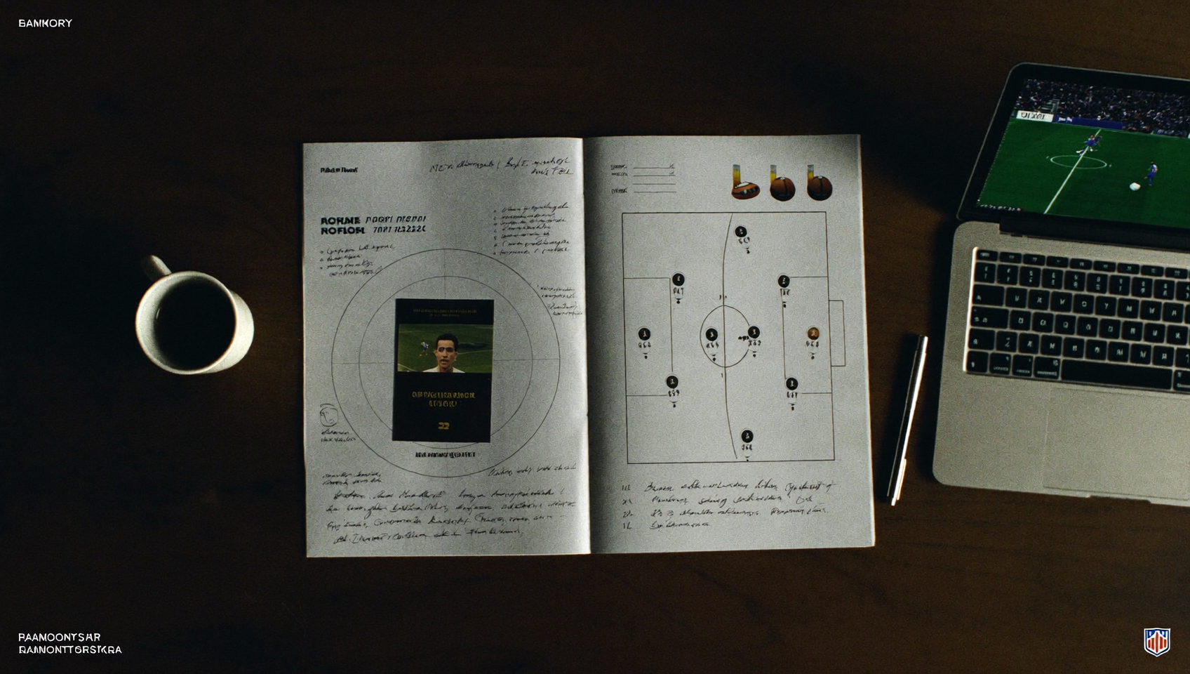 Informe de scouting profesional con diagrama táctico y datos de jugador sobre un escritorio