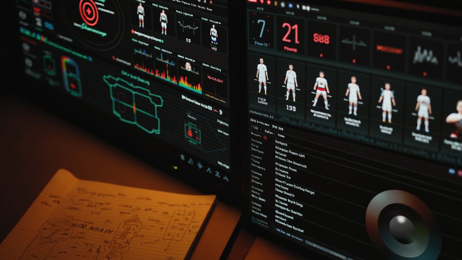 Workstation de scouting con dashboards de datos y cuaderno con diagramas tácticos
